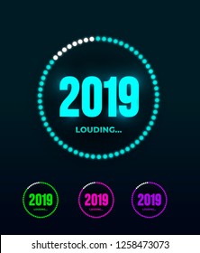 Doodle with 2019 loading. New year download screen. Progress bar almost reaching new years eve. Vector illustration. Isolated on dark background.