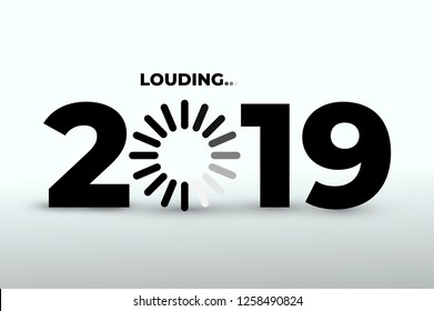 Doodle with 2019 loading. New year download screen. Progress bar almost reaching new years eve. Vector illustration. Isolated on white background.