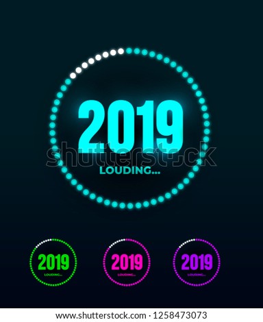 Doodle with 2019 loading. New year download screen. Progress bar almost reaching new years eve. Vector illustration. Isolated on dark background.