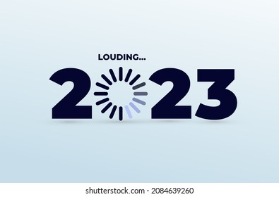 Doodle with 2023 loading. New year download screen. Progress bar almost reaching new years eve. Vector illustration. Isolated on white background.