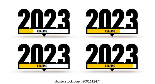 Doodle mit 2023 Laden. Set of New Year Download-Bildschirm. Der Fortschrittsbalken erreicht fast das neue Jahr am Vorabend. Vektorgrafik. 2023 einzeln auf weißem Hintergrund.
