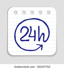 Doodle 24 Hours A Day Icon. Blue Pen Hand Drawn Infographic Symbol On A Notepaper Piece. Line Art Style Graphic Design Element. Web Button With Shadow. Around The Clock Service, 24/7 Support Concept.