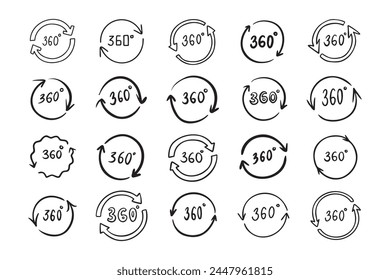 Doodle 360 grados. Conjunto de estilos de contorno dibujado a mano. Ilustración vectorial.