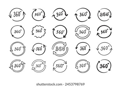 Doodle 360 Grad. Handgezeichneter Umrissstilsatz. Vektorillustration.