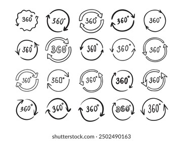Doodle 360 grados. Conjunto de estilo de contorno dibujado a mano. Ilustración vectorial.