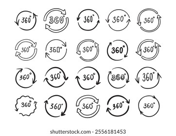 Doodle 360 degree. Hand drawn outline style set. Vector illustration.