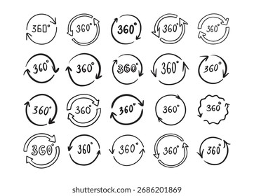 Doodle 360 degree. Hand drawn outline style set. Vector illustration.