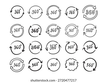 Doodle 360 graus. Estilo de contorno desenhado à mão definido. Ilustração vetorial.