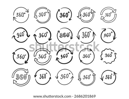 Doodle 360 degree. Hand drawn outline style set. Vector illustration.
