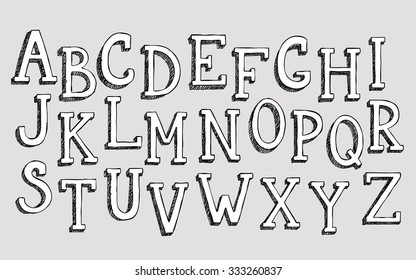 Doodle 3d alphabet, vector simple hand drawn letters textured with pencil doodles. Decorative font for books, posters, postcard, web hand drawn style typography.