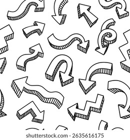 Doodle 3d arrows seamless pattern. Hand drawn web direction way symbols,Sketch cartoon design elements print