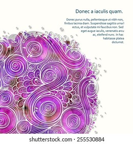 Doodle 3D White Paper Pattern With Circle Shape. Abstract Doodle Form of Flowers and Waves. Vector Illustration. Circle Template Design, Paper-cut Greeting Card with Shadows and Watercolor Splash.