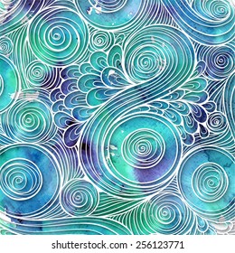 Doodle 3D White Paper Pattern With Circle Shape. Abstract Doodle Form of Flowers and Waves. Vector Illustration. Circle Template Design, Paper-cut Greeting Card with Shadows and Watercolor Splash.