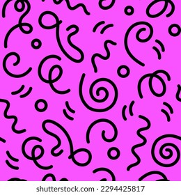 Doodle 90s style seamless pattern on pink background with kid squiggles. Flat vector retro illustration