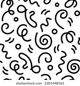 Doodle 90s style seamless pattern on white background with kid squiggles, swirls and zigzag. Flat vector retro illustration