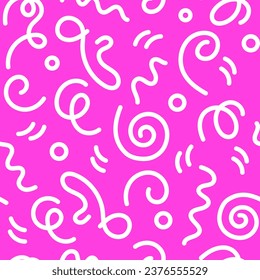 Estilo Doodle 90s sin fisuras en el fondo rosado con calamares para niños, remolinos y zigzag. Ilustración retro vectorial plana