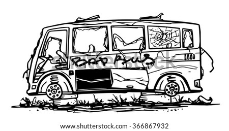 Doodle abandoned bus.  Black and white vector illustration.