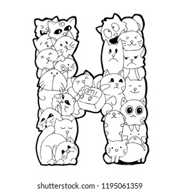 doodle ABC, crazy cat doodle letter H isolated