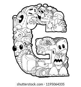doodle ABC, crazy robot doodle letter G isolated