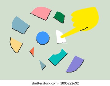 Doodle about collect broken item. Finger putting pieces together. Vector flat illustration.