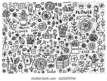 Doodle about a flower shop: flower baskets, boxes, buds, leaves, bouquets, potted flowers, cacti,