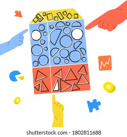 Doodle about issues and troubles in houses. Cartoon hands are pushing the house. Household problems, rates, tax. Doodle building with circles, triangles and squares. Vector flat illustration.