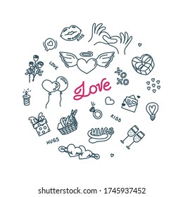 Doodle about love and romantic relationship. Print with lettering, hearts and other love symbols. Vector illustration for prints and designs