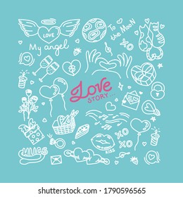 Doodle about love and romantic relationship. Print with hearts and other love symbols. Vector illustration for prints and designs