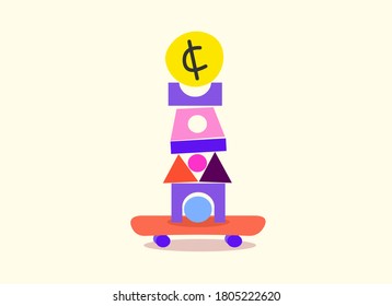 Doodle about money balance. Coin is balancing on geometric figures and skateboard. Abstract finance system explanation. Vector flat illustration.