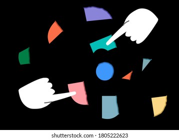 Doodle about teamwork. Hands trying to gather broken abstract item. Fingers putting pieces together. Vector flat illustration.