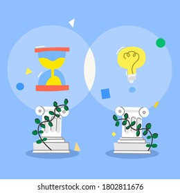 Doodle about time and new idea harmony. Ancient Greece styled pillars. 
Two items connection. Vector flat illustration.