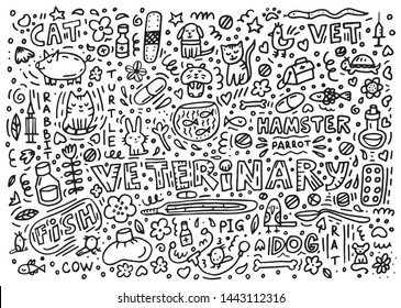 Doodle about veterinary. cat, dog, hamster, parrot, rabbit, pig, cow, hare, fish, medications, fonendoskop, syringes, thermometer, mouse, rat, turtle, plaster, aquarium, hot-water bottle
