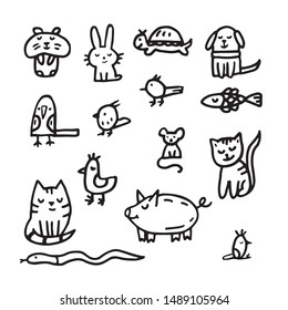 Doodle About Veterinary And For Pet Shop. Cat, Dog, Hamster, Parrot, Rabbit, Pig, Hare, Fish, Snake, Mouse, Rat, Turtle