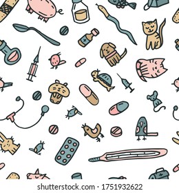 Doodle about veterinary. Seamless pattern with cat, dog, hamster, parrot, rabbit, pig, hare, fish, medications, phonendoscope syringes thermometer mouse rat aquarium hot-water bottle