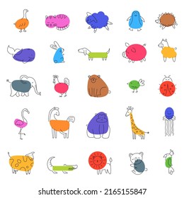 Doodle abstract animals set. Cute cartoon thin line animals for kids education isolated on white background. Cartoon mascots elements. Vector illustration