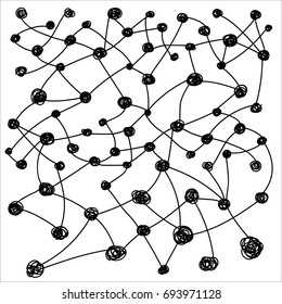 Doodle abstract background with black dots and lines on white background
