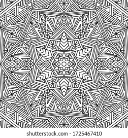 Doodle abstract background. Hand drawn geometric pattern with snowflake. Coloring book page for adults and kids. Outline illustration. Black and white.