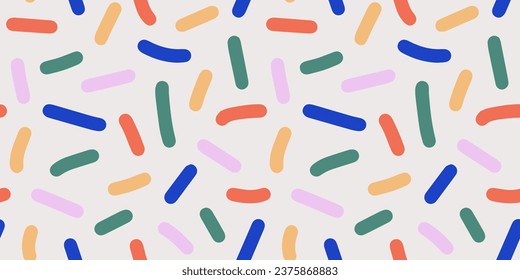 Doodle abstract background with rainbow colors confetti or sugar sprinkles. Funky seamless pattern. Multi colored festive backdrop. Pop art style textures. Vector design layout for banner