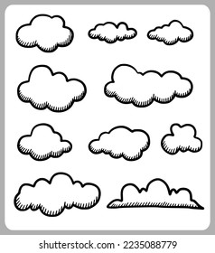 Doodle abstract of clouds. Thin Black Line Set of clouds in Vector illustration