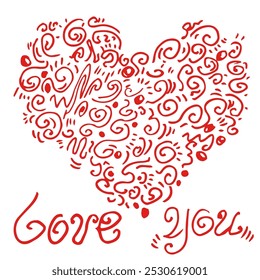 Doodle in abstract and decorative heart shape, hand draw, with hand written I love you. Funny and Messi, new style.