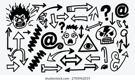 Doodle Diseño Abstractas con Flechas Cráneos Caras y Símbolos de Correo Electrónico