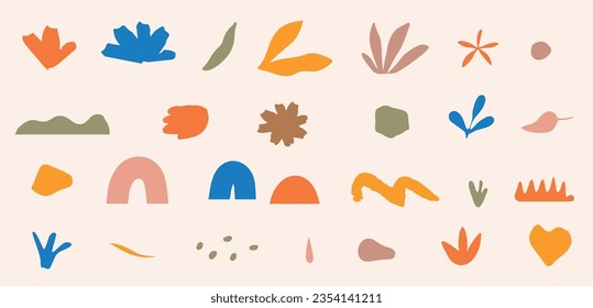 Doodle abstract elements collection. Random nature inspired shapes vector. Organic forms in minimalistic style. Colorful childish drawings bundle