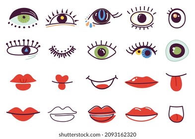 Doodle abstract face elements. Femal lips, isolated color eyes. Faces parts, lady bohemian decorations. Funny red lip, doodle modern fashion decent vector elements