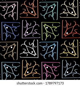 Doodle abstract fishes seamless pattern. Colorful lines skryches background. Decorative repeat backdrop. Tribal ethnic style ornaments. Hand drawn design for fabric, prints, textile, tiles.