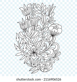 Doodle abstract floral composition. Black and white line art sketchy flowers illustration. Summer and spring vibes.