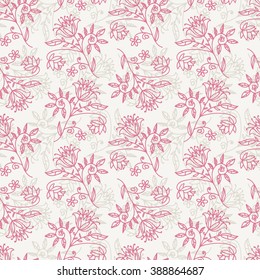 Doodle abstract floral seamless pattern with flowers, branches and leaves. Vector illustration.