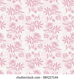 Doodle abstract floral seamless pattern with flowers, branches and leaves. Vector illustration.