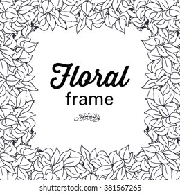 Doodle abstract floral square frame with leaves or grass in outline style