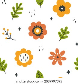 Doodle abstract flower pattern with leaves. Scribble floral baby seamless print for fabric, textile, wrapping paper, apparel, nursery.