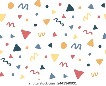 Doodle abstract geometric elements seamless pattern. Colorful hand drawn doodle shapes background. Triangles, spots, scribbles drawing. Freehand texture for design. Wallpaper, fabric, cover print